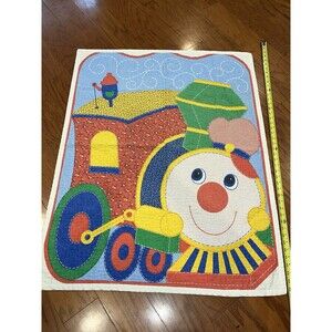 Vintage Quilted Crib Blanket Reversible Train Choo Choo 80s 90s Primary Color